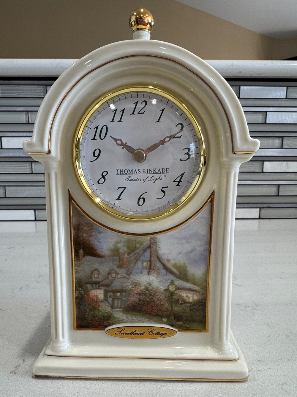 Thomas Kinkade Cream and Gold Porcelain Mantel Clock